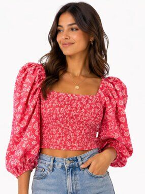 Sassafras Smocked Floral Puff Sleeve Crop Boho Top Coral Pink Size 6